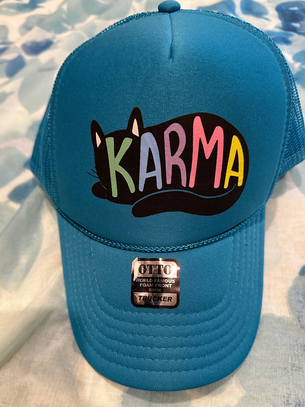OTTO Turquoise Trucker Hat with Black Cat and Multicolor KARMA Letters
